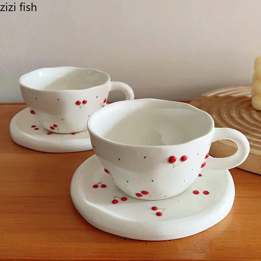 Cherry Coffee Cups and Plates Afternoon Tea Mug Water Cup Breakfast Cup Dessert Dish Milk Tea Cups Coffee Mug Tea Mugs